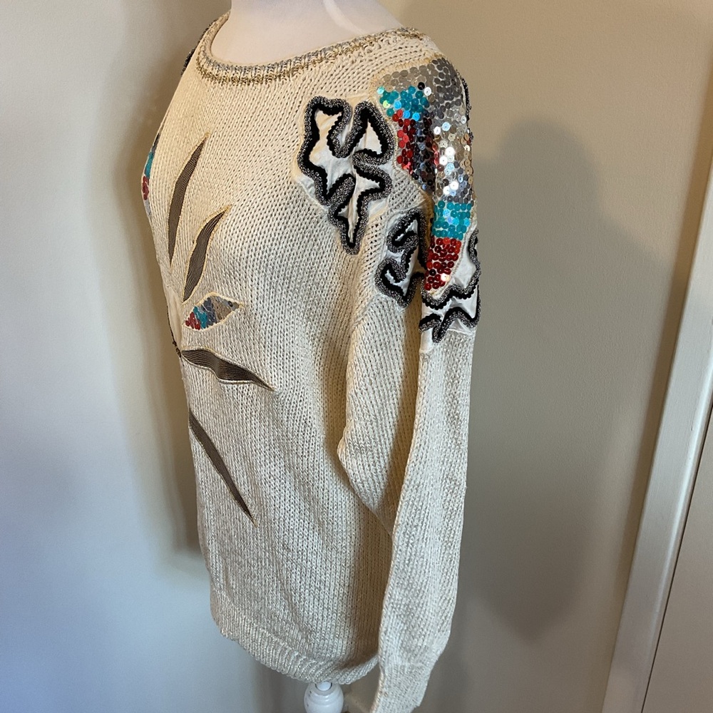 Vintage Neil's Apparel Cream Beaded Floral Sequin Sweater Large Tunic - Picture 2 of 7